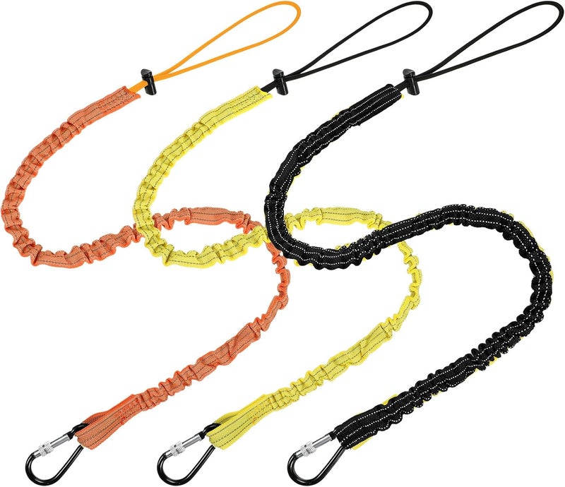 LEIFIDE 3 Pcs Tool Lanyard with Aluminum Screw Lock Buckle Retractable Bungee Cord 17.6lb 8kg Tough Adjustable Tether Tool Harness Fall Protection Tether for Construction(Black, Yellow, Orange) - Image 1